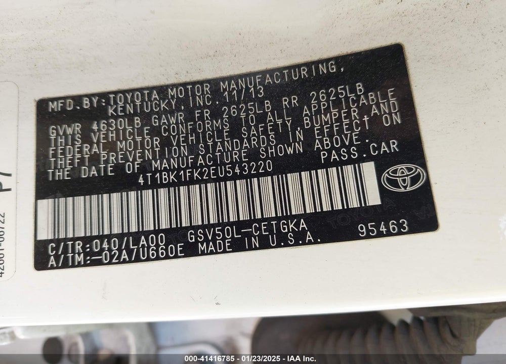 2014 TOYOTA CAMRY VIN: 4T1BK1FK2EU543220