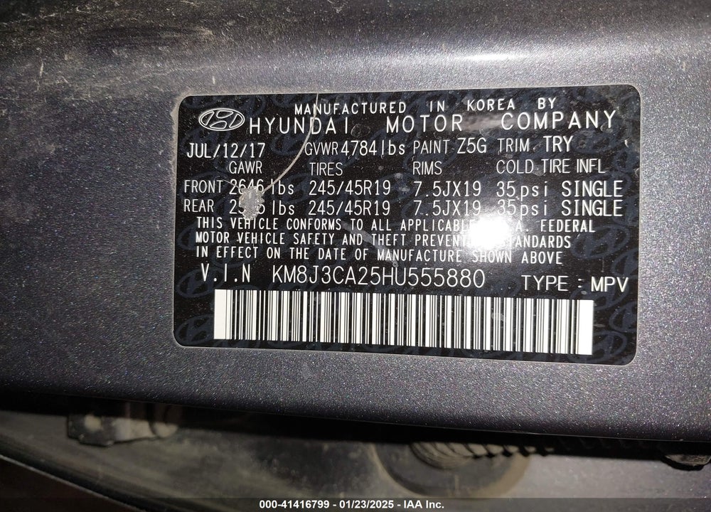 2017 HYUNDAI TUCSON VALUE VIN: KM8J3CA25HU555880