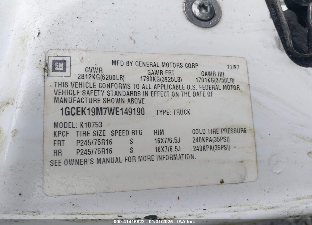 1998 CHEVROLET K1500 FLEETSIDE VIN: 1GCEK19M7WE149190