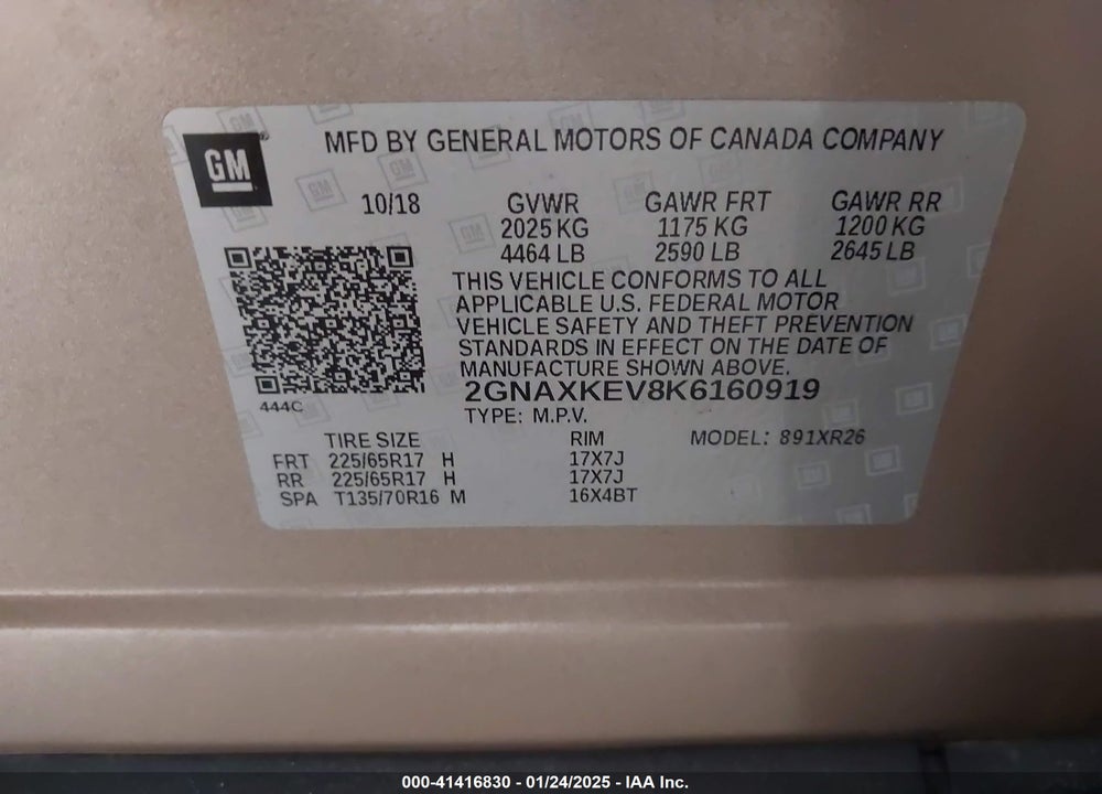 2019 CHEVROLET EQUINOX VIN: 2GNAXKEV8K6160919