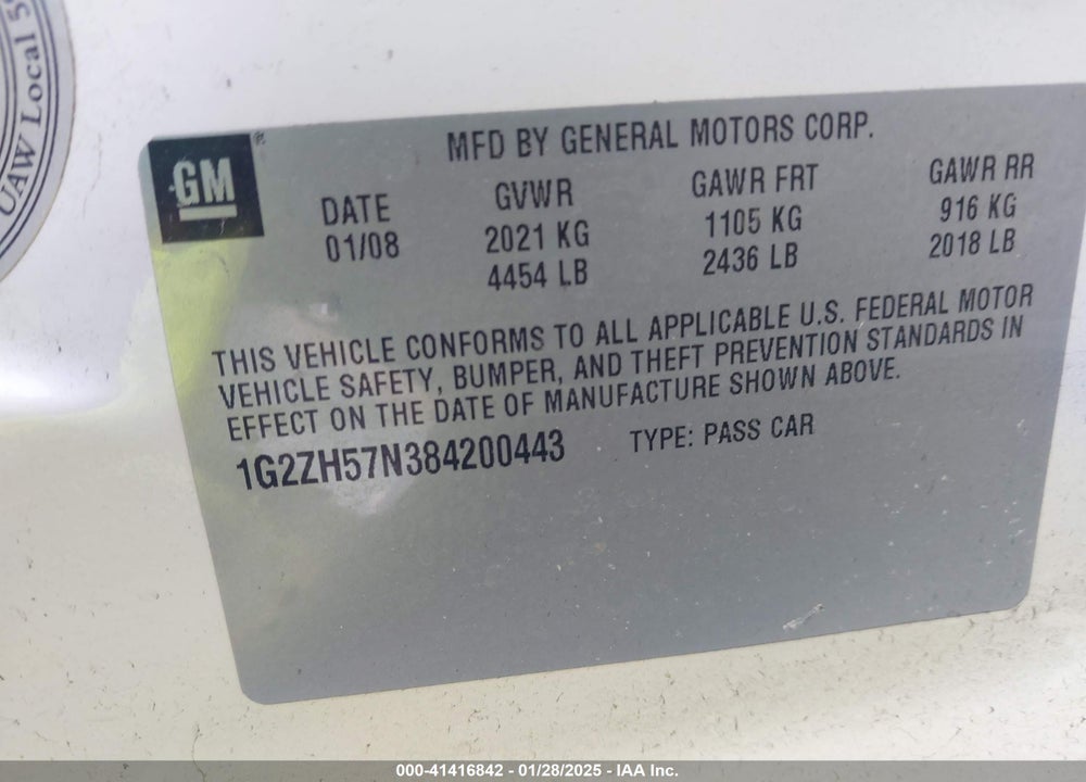 2008 PONTIAC G6 GT VIN: 1G2ZH57N384200443