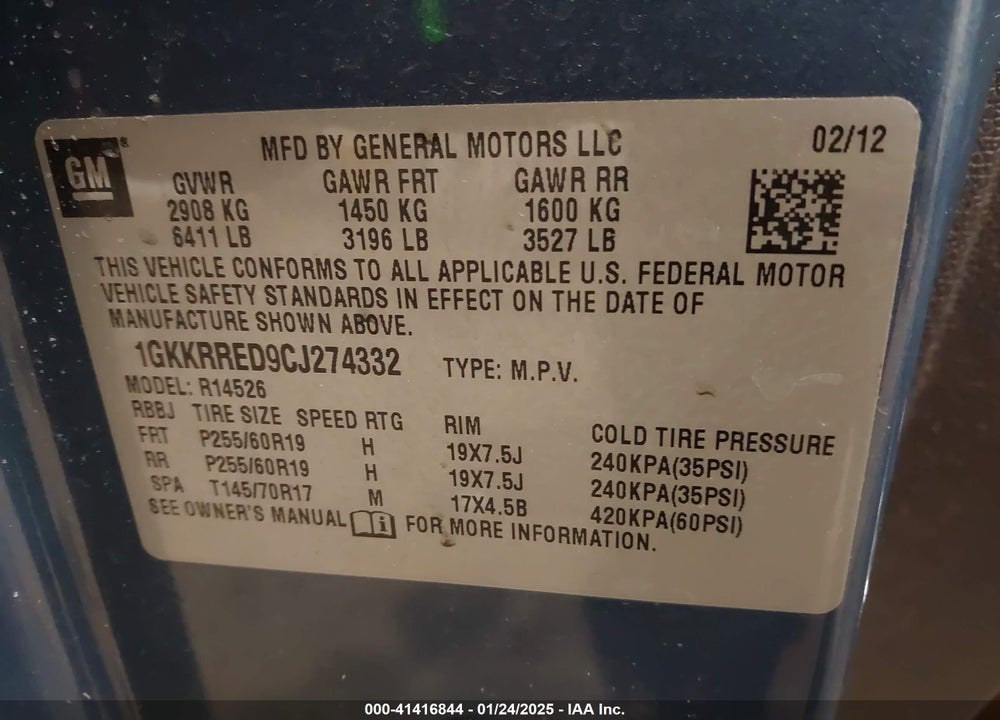 2012 GMC ACADIA SLT-1 VIN: 1GKKRRED9CJ274332