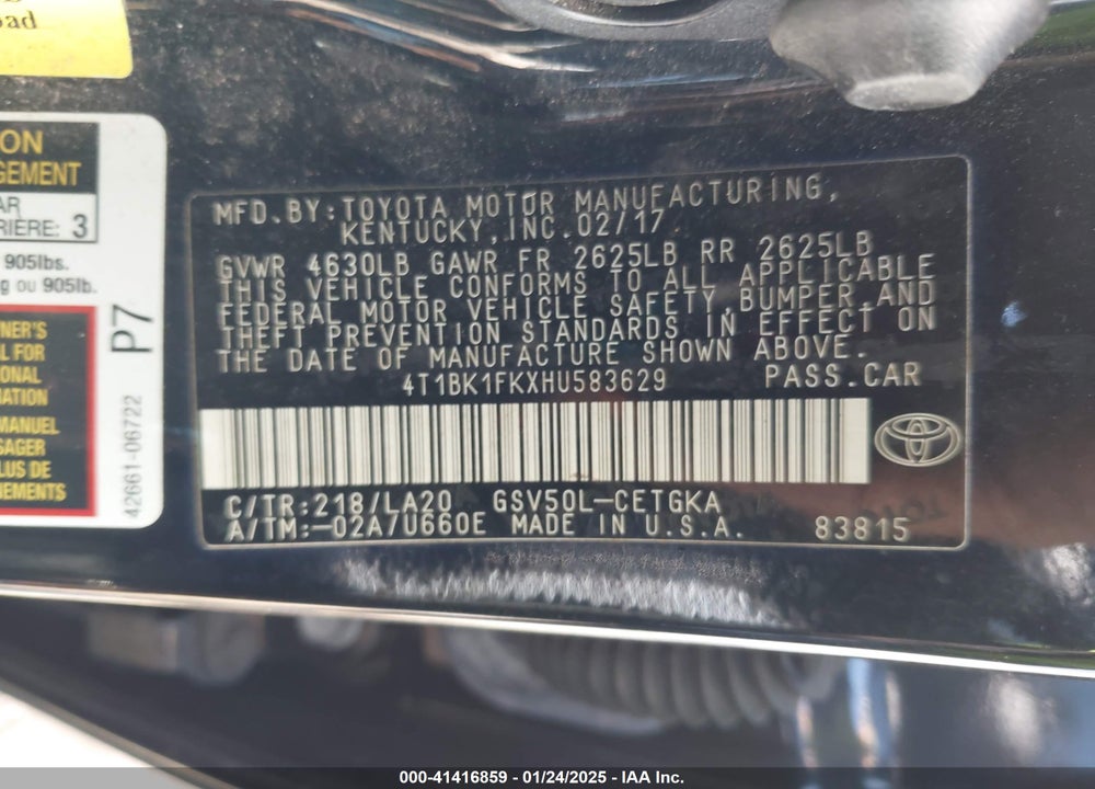 2017 TOYOTA CAMRY VIN: 4T1BK1FKXHU583629