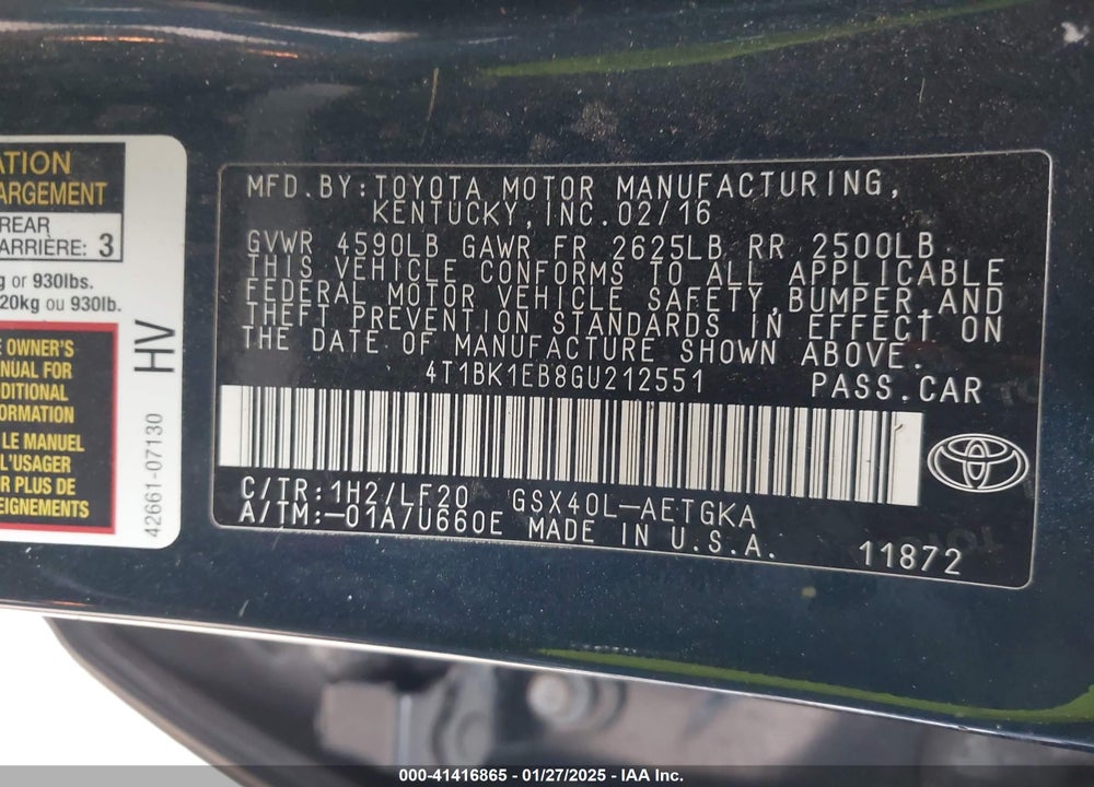 2016 TOYOTA AVALON XLE PREMIUM VIN: 4T1BK1EB8GU212551