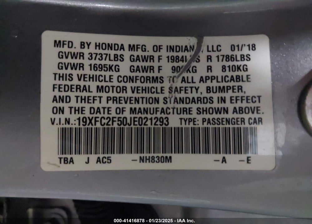 2018 HONDA CIVIC LX VIN: 19XFC2F50JE021293