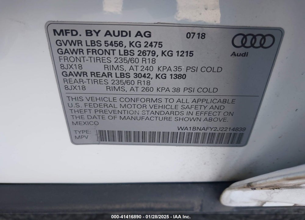 2018 AUDI Q5 2.0T PREMIUM/2.0T TECH PREMIUM VIN: WA1BNAFY2J2214839