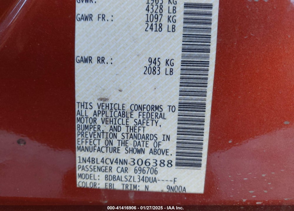 2022 NISSAN ALTIMA VIN: 1N4BL4CV4NN306388