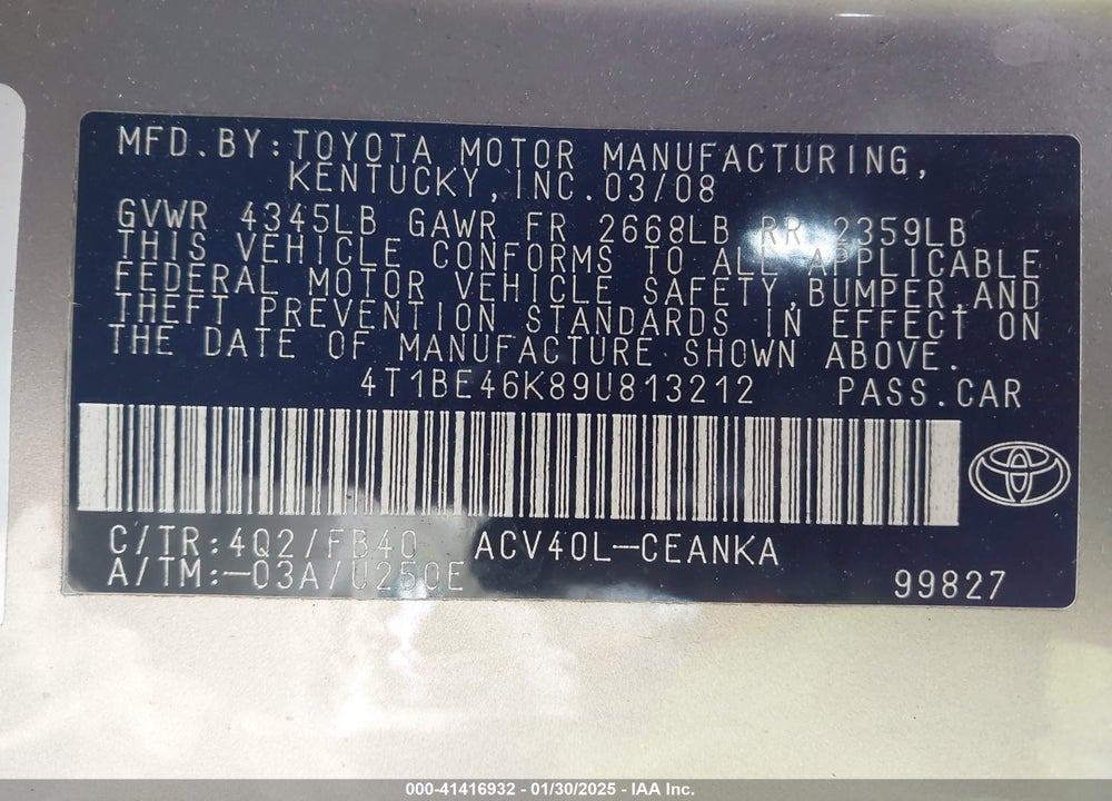 2009 TOYOTA CAMRY LE VIN: 4T1BE46K89U813212