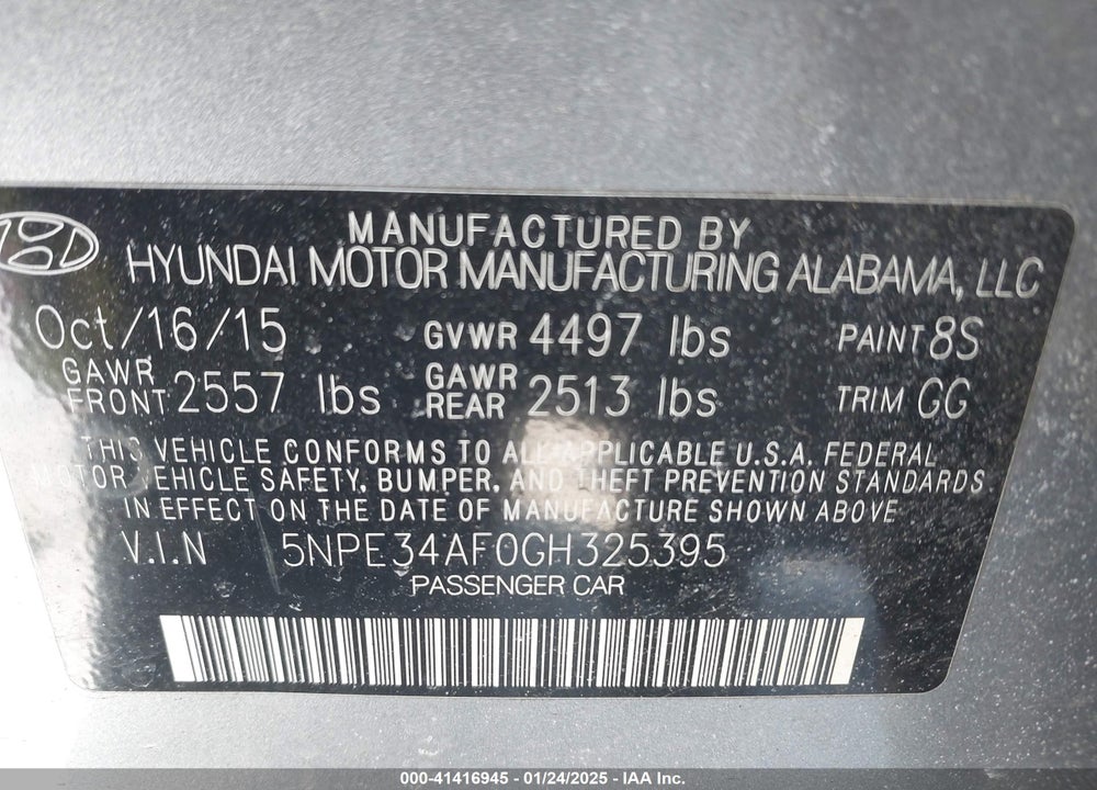 2016 HYUNDAI SONATA VIN: 5NPE34AF0GH325395