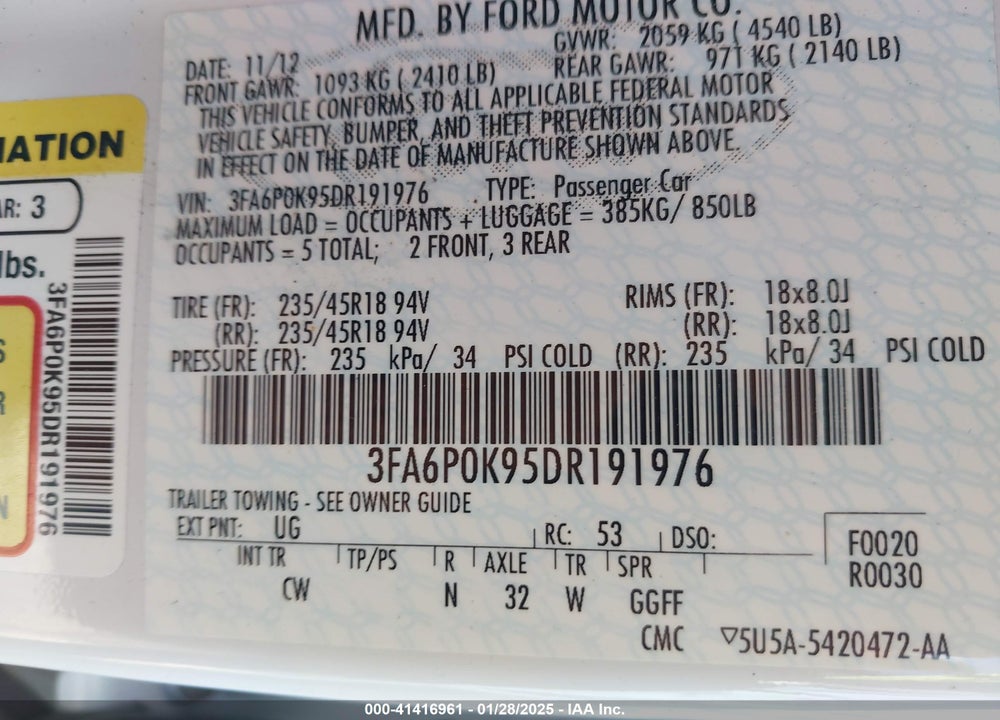 2013 FORD FUSION TITANIUM VIN: 3FA6P0K95DR191976