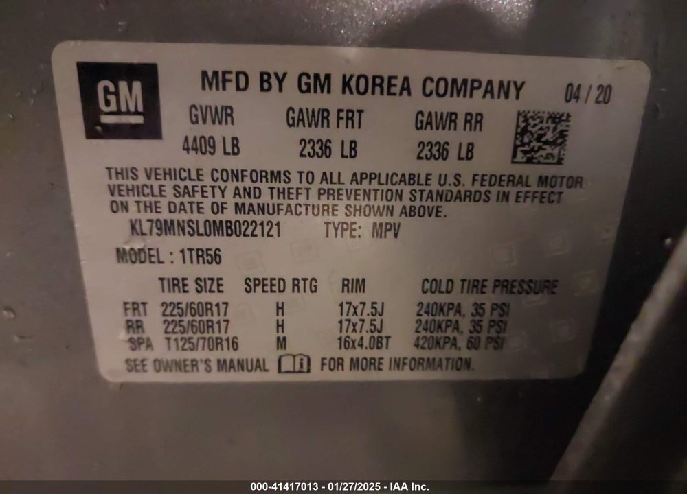 2021 CHEVROLET TRAILBLAZER VIN: KL79MNSL0MB022121
