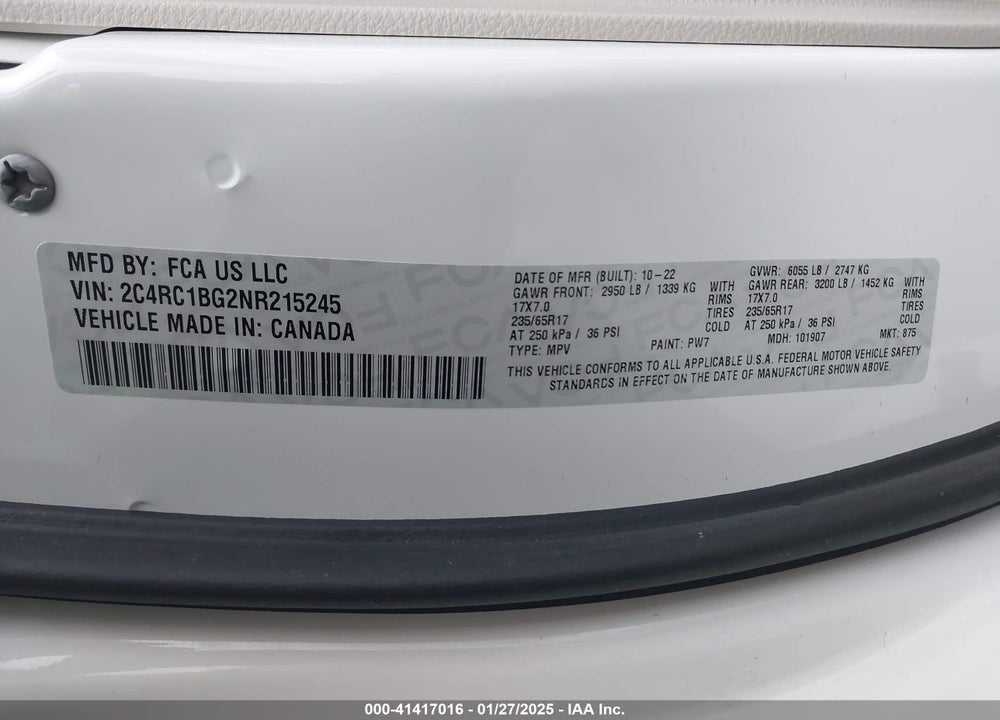 2022 CHRYSLER PACIFICA VIN: 2C4RC1BG2NR215245