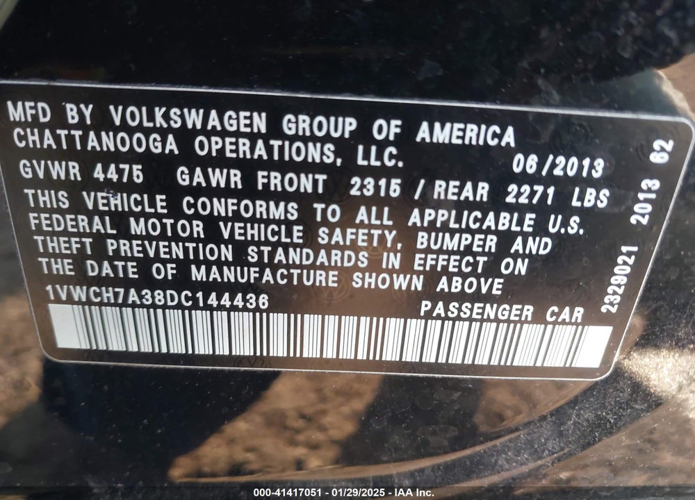 2013 VOLKSWAGEN PASSAT VIN: 1VWCH7A38DC144436