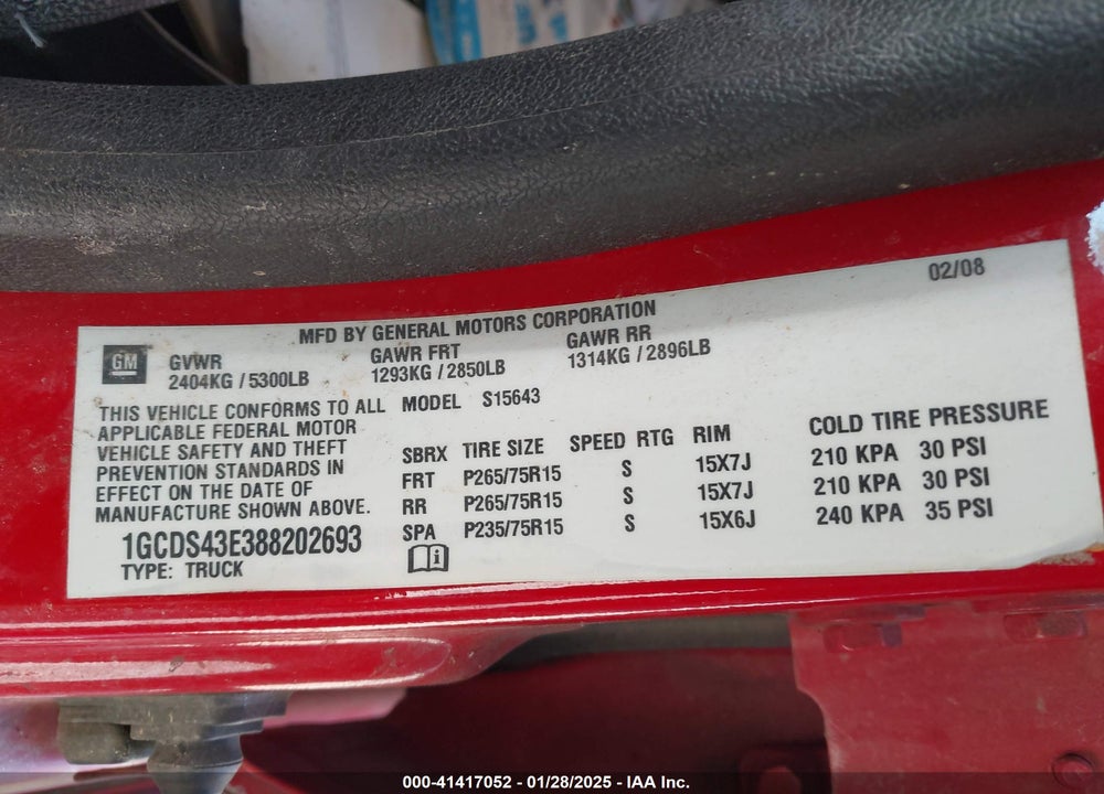 2008 CHEVROLET COLORADO VIN: 1GCDS43E388202693