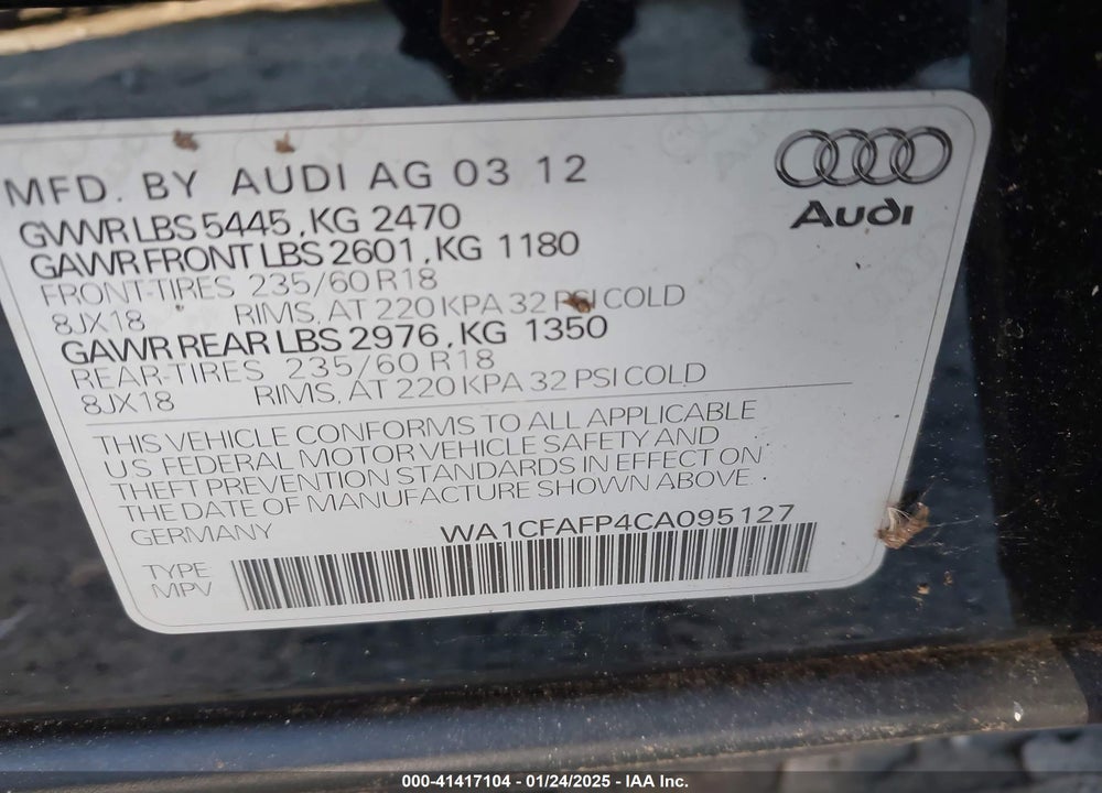 2012 AUDI Q5 2.0T PREMIUM VIN: WA1CFAFP4CA095127