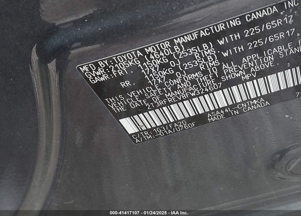 2015 TOYOTA RAV4 XLE VIN: 2T3RFREV8FW324607