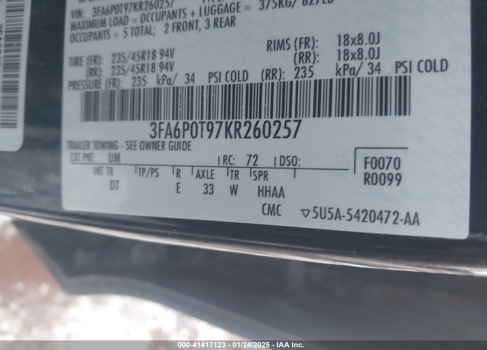 2019 FORD FUSION VIN: 3FA6P0T97KR260257