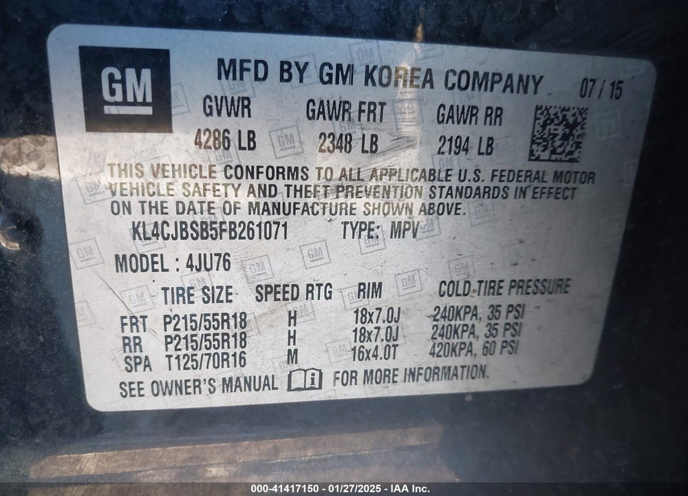 2015 BUICK ENCORE CONVENIENCE VIN: KL4CJBSB5FB261071