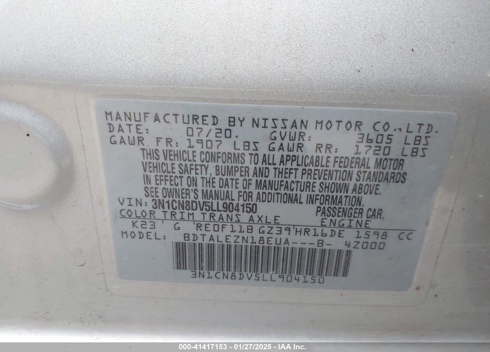 2020 NISSAN VERSA S XTRONIC CVT VIN: 3N1CN8DV5LL904150