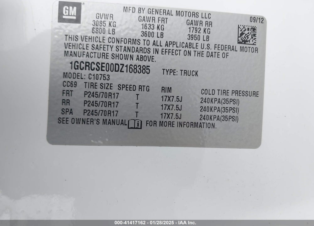 2013 CHEVROLET SILVERADO 1500 VIN: 1GCRCSE00DZ168385