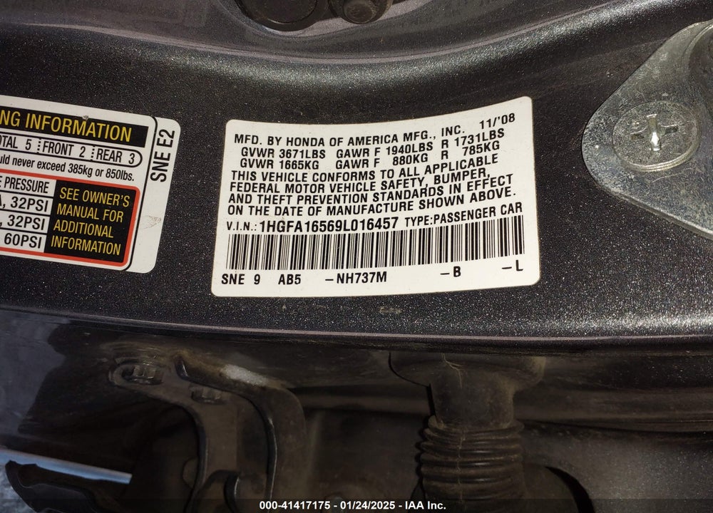 2009 HONDA CIVIC LX VIN: 1HGFA16569L016457