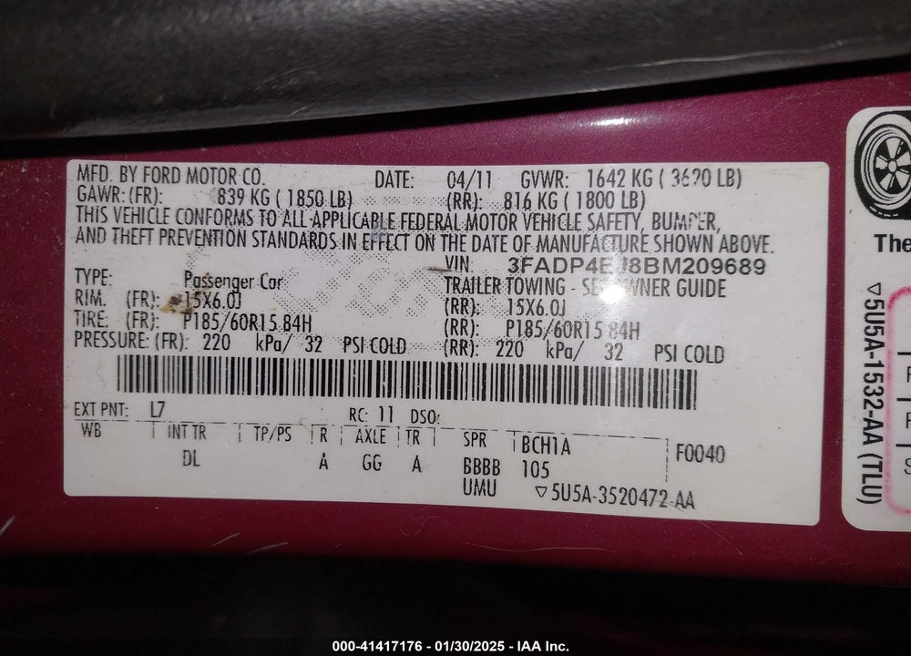 2011 FORD FIESTA VIN: 3FADP4EJ8BM209689