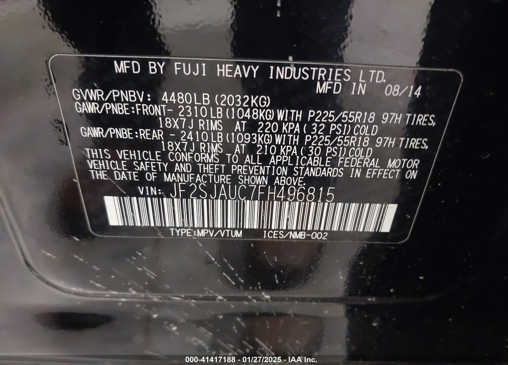 2015 SUBARU FORESTER 2.5I TOURING VIN: JF2SJAUC7FH496815