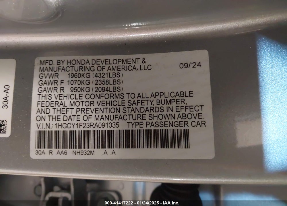 2024 HONDA ACCORD VIN: 1HGCY1F23RA091035