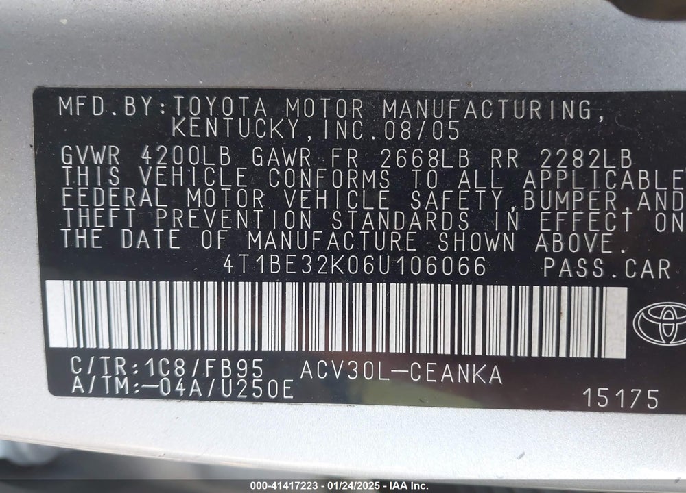 2006 TOYOTA CAMRY VIN: 4T1BE32K06U106066