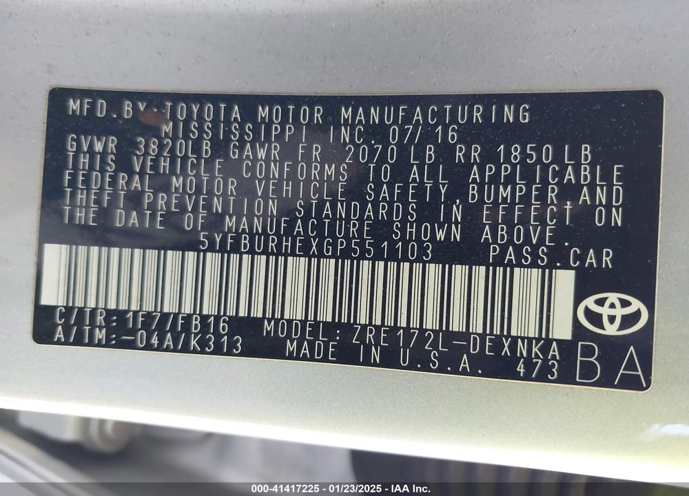 2016 TOYOTA COROLLA VIN: 5YFBURHEXGP551103