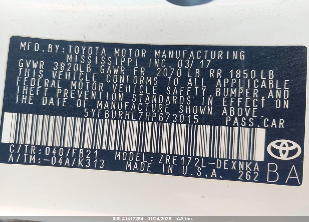 2017 TOYOTA COROLLA VIN: 5YFBURHE7HP673015