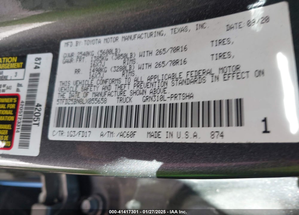 2020 TOYOTA TACOMA TRD OFF ROAD VIN: 5TFDZ5BN8LX055658