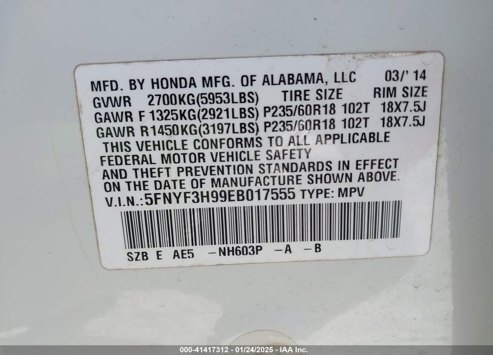 2014 HONDA PILOT TOURING VIN: 5FNYF3H99EB017555