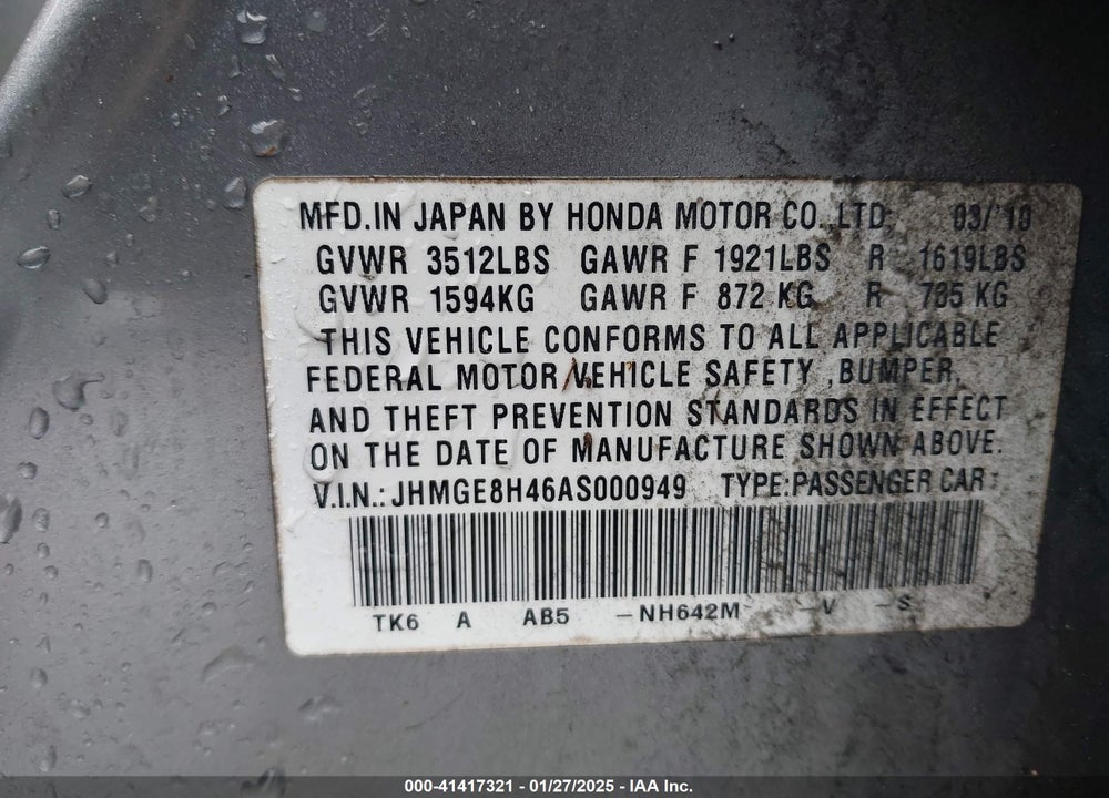 2010 HONDA FIT VIN: JHMGE8H46AS000949