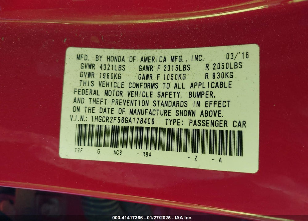 2016 HONDA ACCORD VIN: 1HGCR2F56GA178406