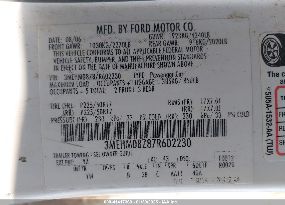 2007 MERCURY MILAN VIN: 3MEHM08Z87R602230