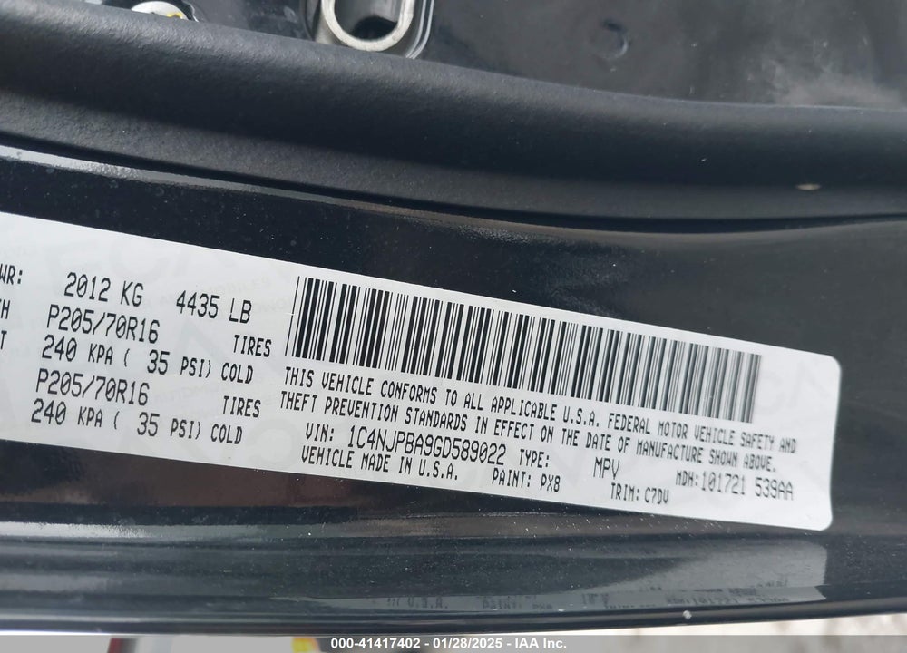2016 JEEP PATRIOT SPORT VIN: 1C4NJPBA9GD589022