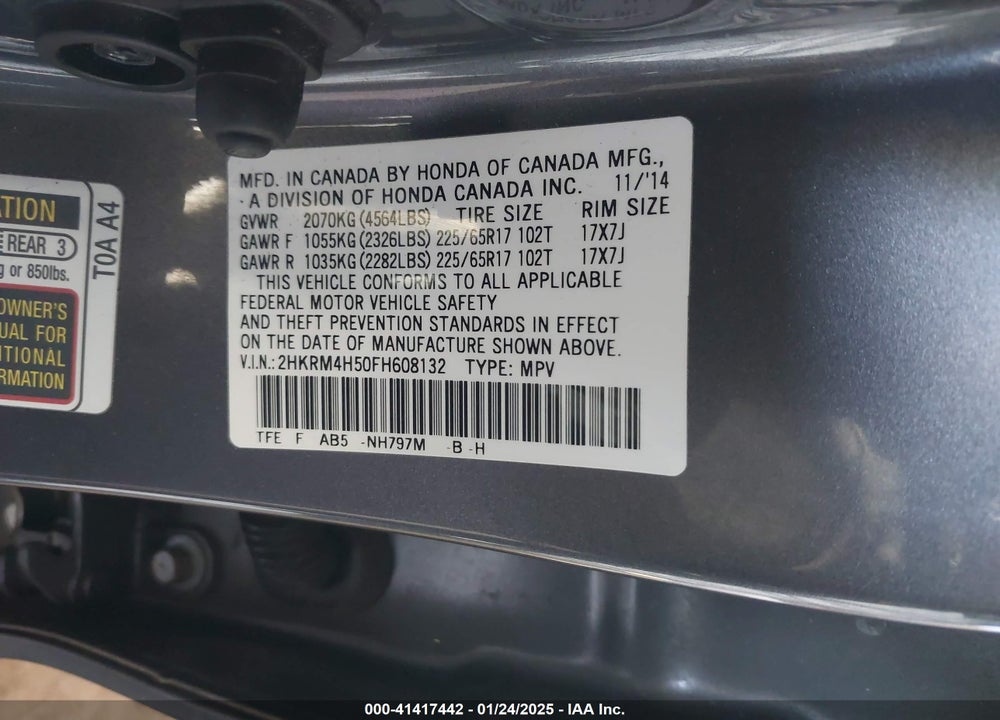 2015 HONDA CR-V EX VIN: 2HKRM4H50FH608132