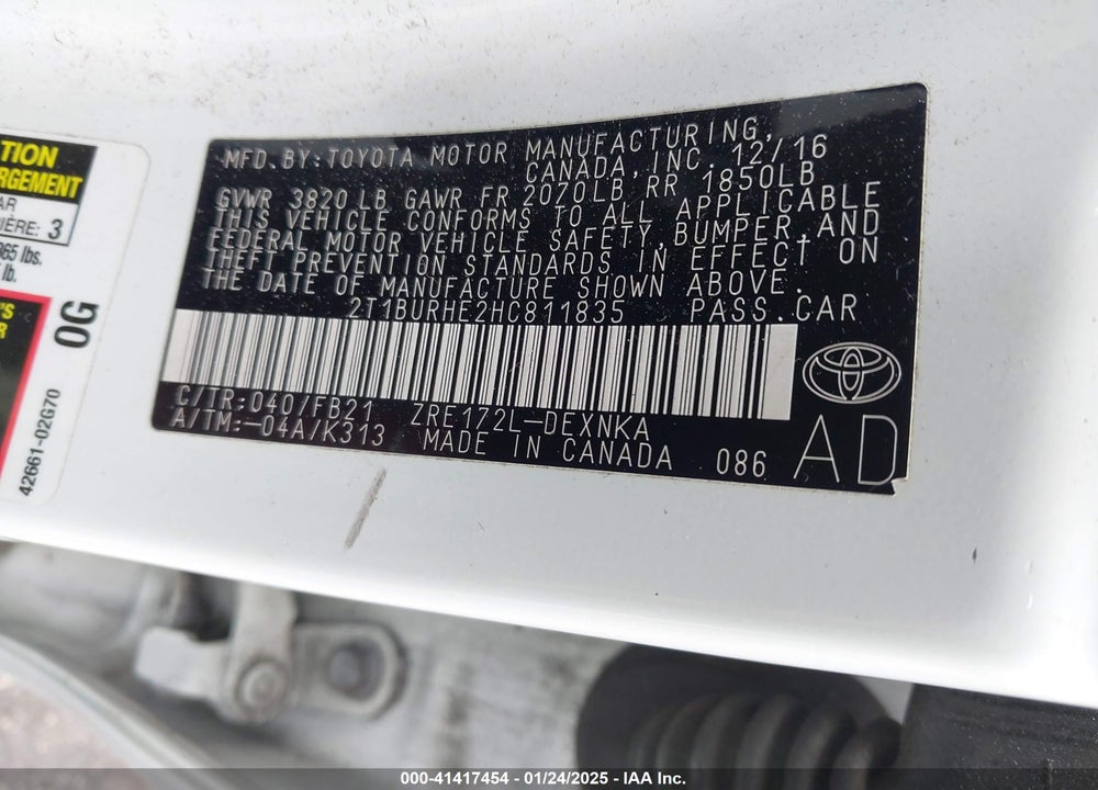 2017 TOYOTA COROLLA VIN: 2T1BURHE2HC811835