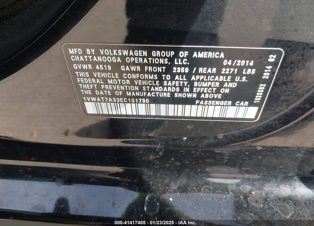 2014 VOLKSWAGEN PASSAT 1.8T WOLFSBURG EDITION VIN: 1VWAT7A33EC101730