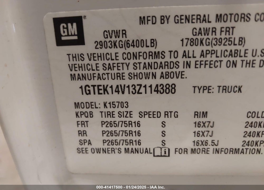 2003 GMC SIERRA 1500 SLE VIN: 1GTEK14V13Z114388