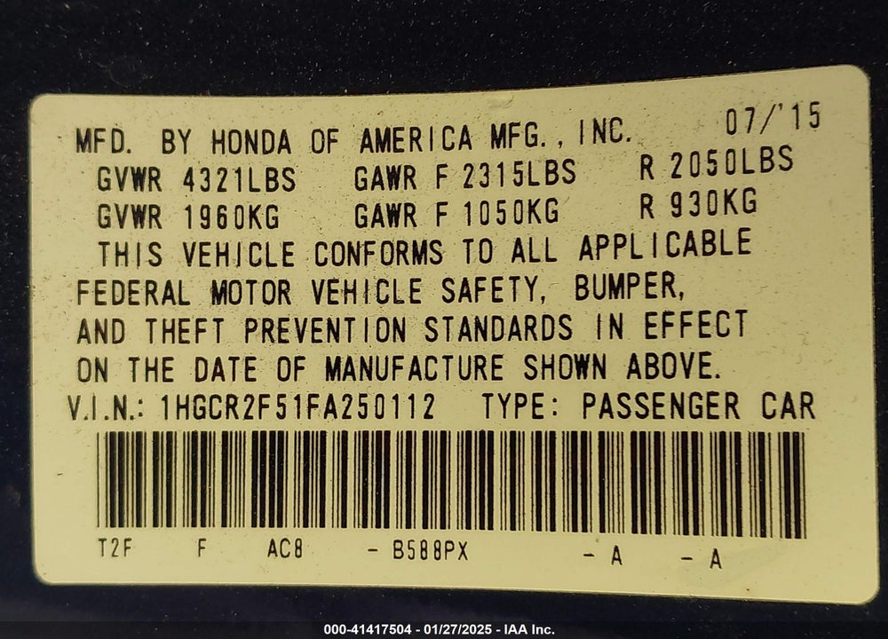 2015 HONDA ACCORD SPORT VIN: 1HGCR2F51FA250112