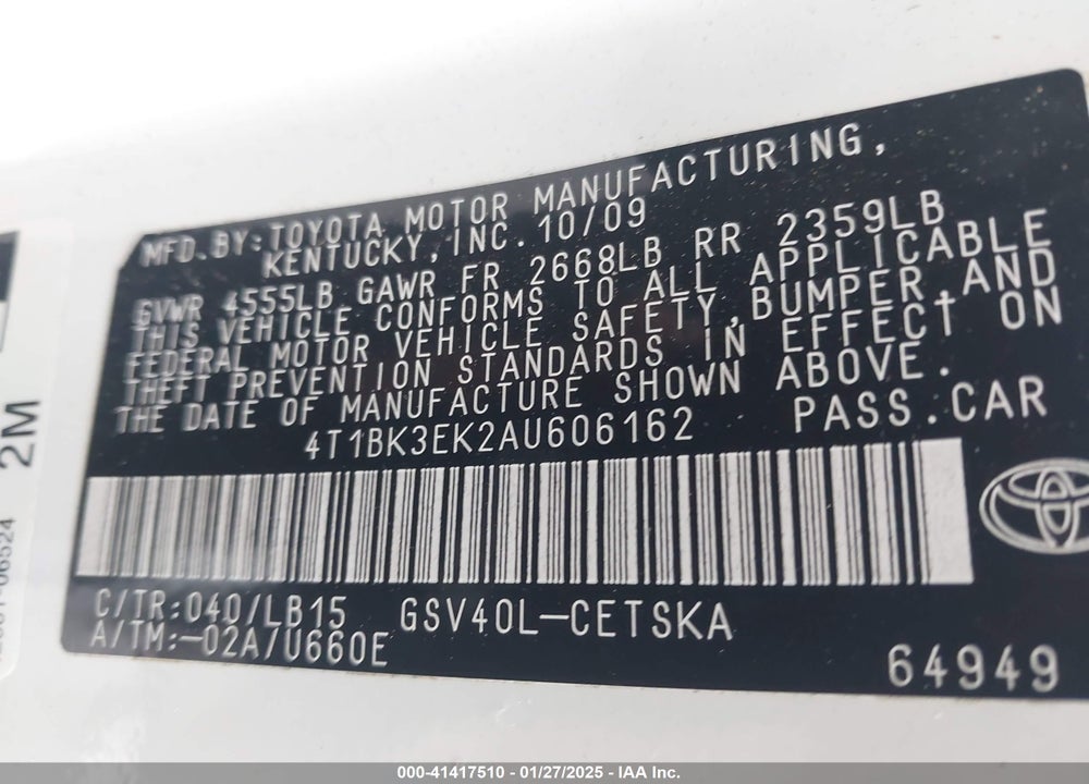 2010 TOYOTA CAMRY VIN: 4T1BK3EK2AU606162