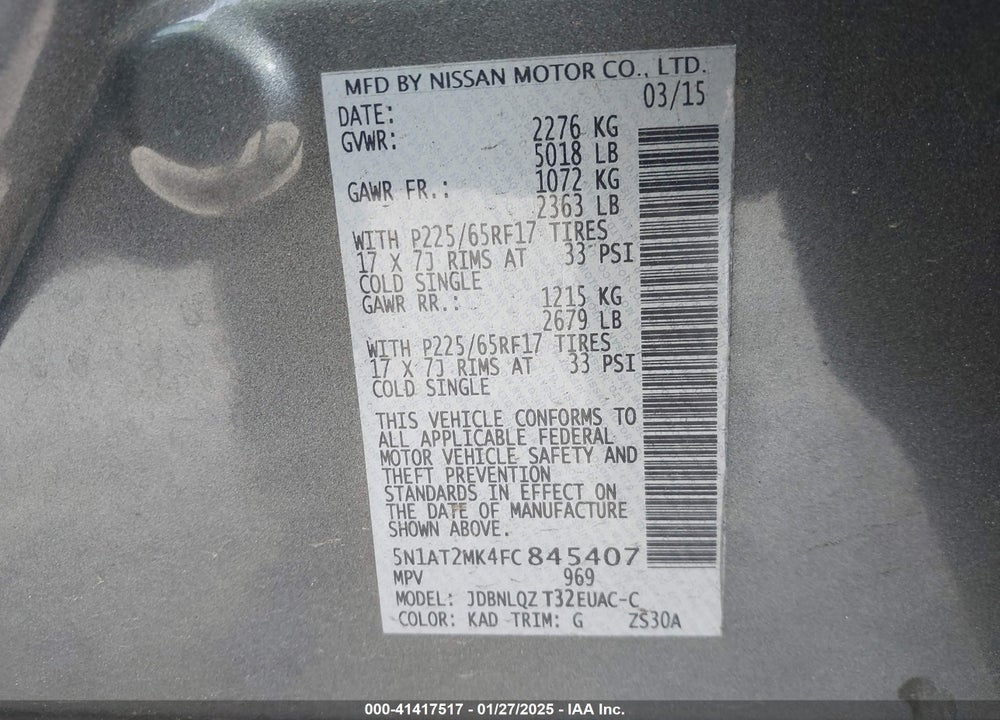 2015 NISSAN ROGUE SV VIN: 5N1AT2MK4FC845407