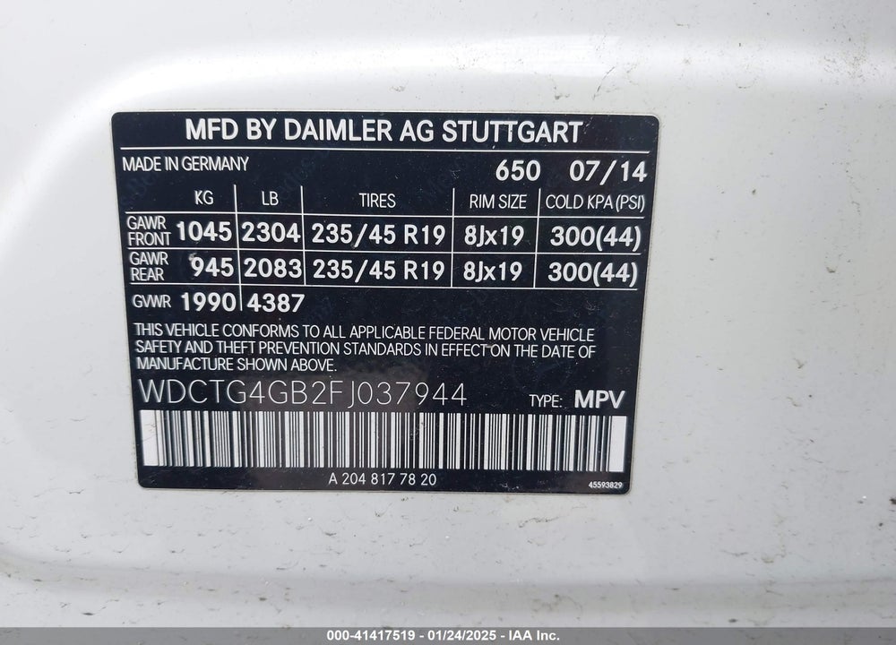 2015 MERCEDES-BENZ GLA 250 4MATIC VIN: WDCTG4GB2FJ037944