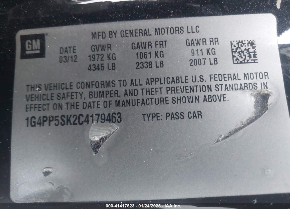 2012 BUICK VERANO VIN: 1G4PP5SK2C4179463