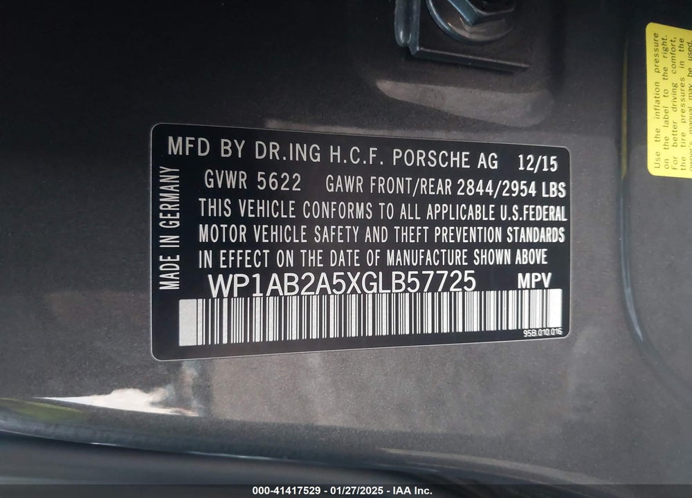 2016 PORSCHE MACAN S VIN: WP1AB2A5XGLB57725