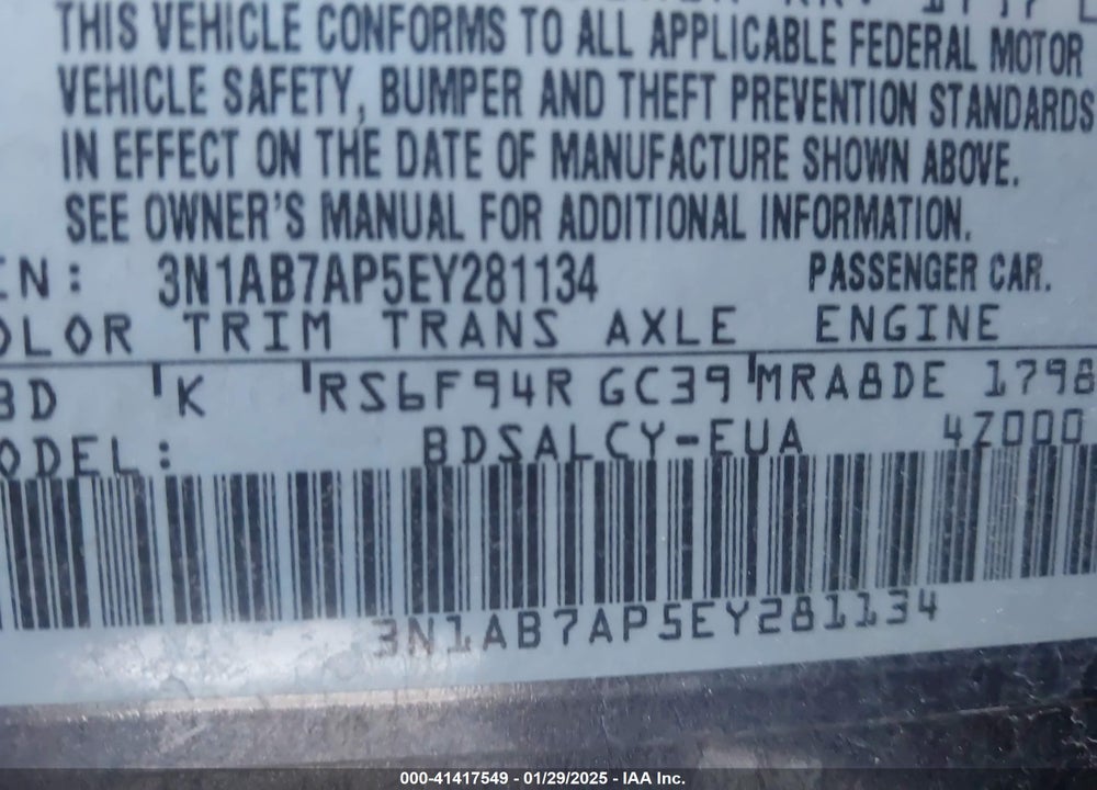2014 NISSAN SENTRA VIN: 3N1AB7AP5EY281134