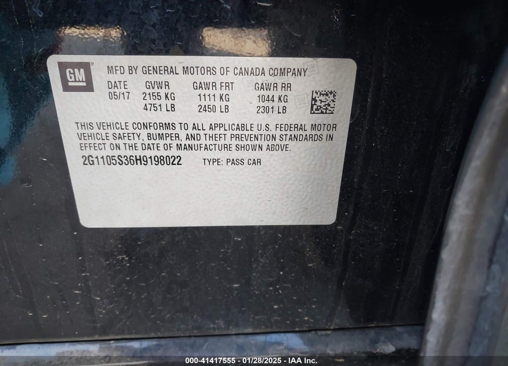 2017 CHEVROLET IMPALA VIN: 2G1105S36H9198022