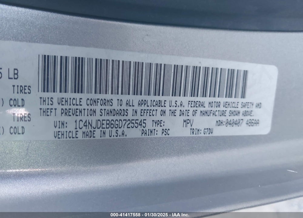 2016 JEEP COMPASS LATITUDE VIN: 1C4NJDEB6GD725545